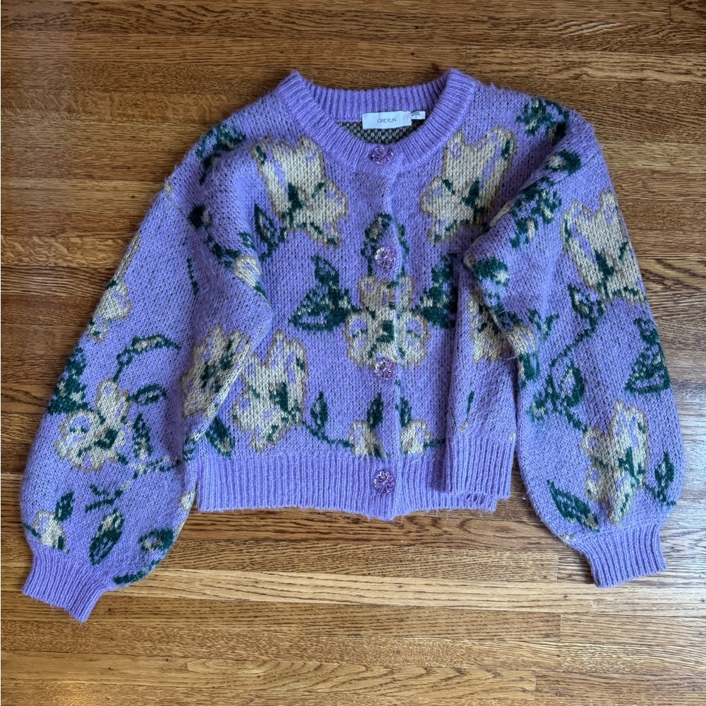 Greylin Lavender Floral Crewneck Cardigan Sweater